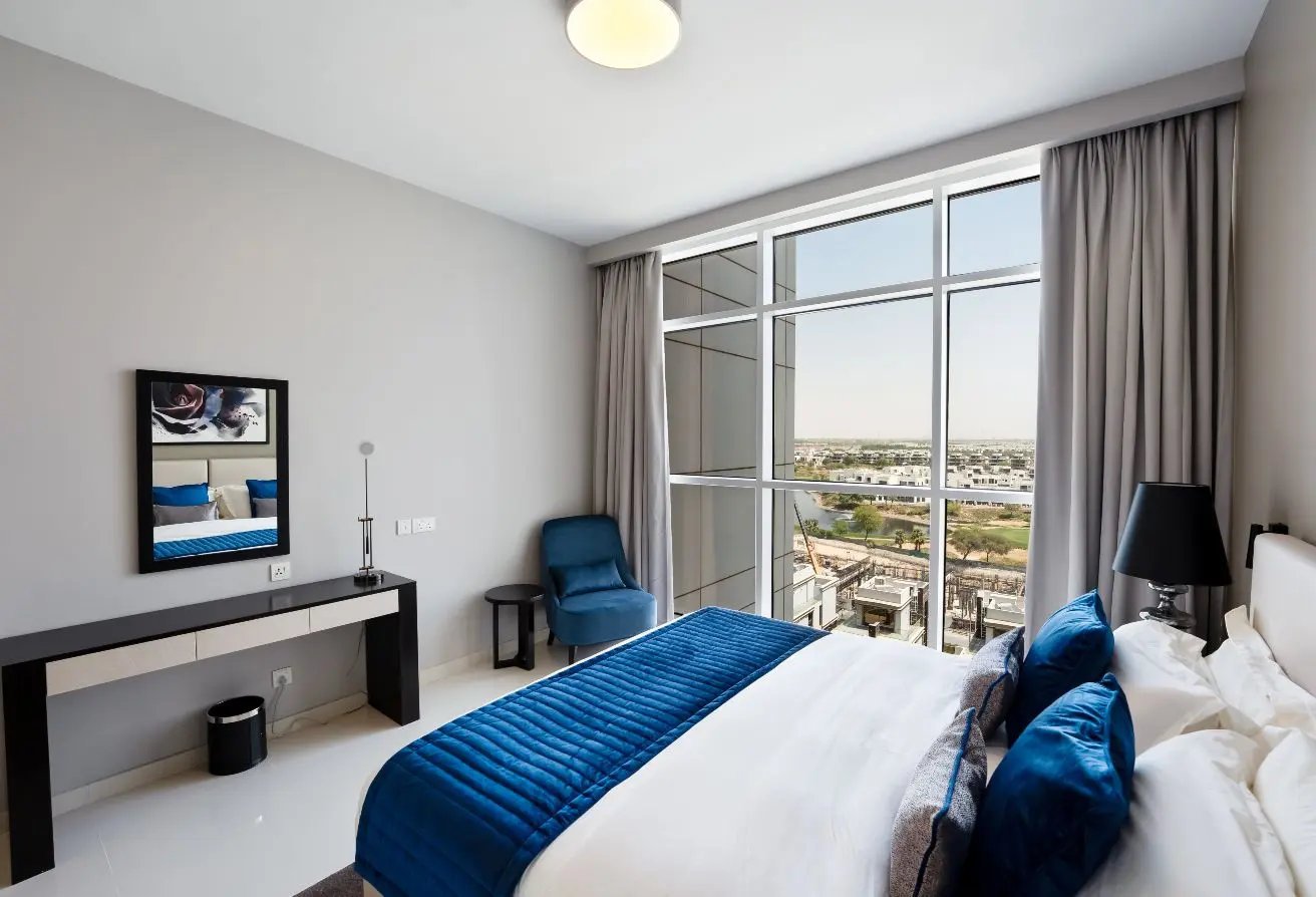 The bedroom, looking out over the golf course