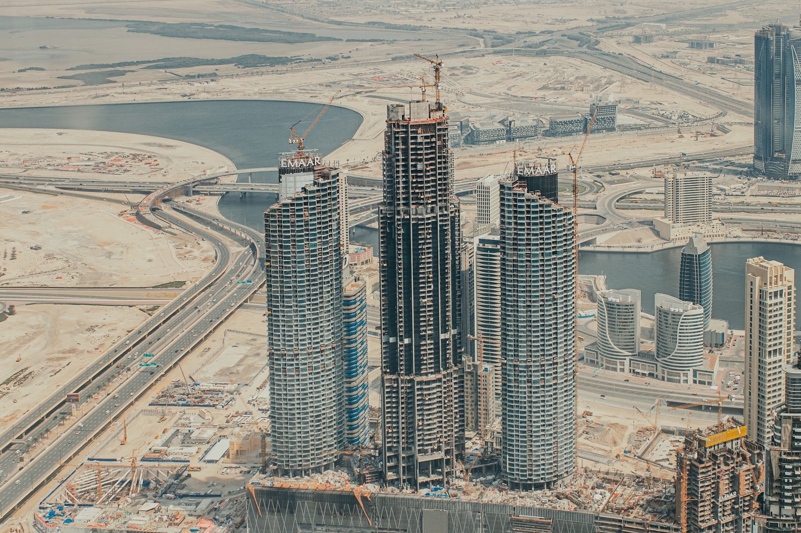 Aerial view of Dubai towers under construction