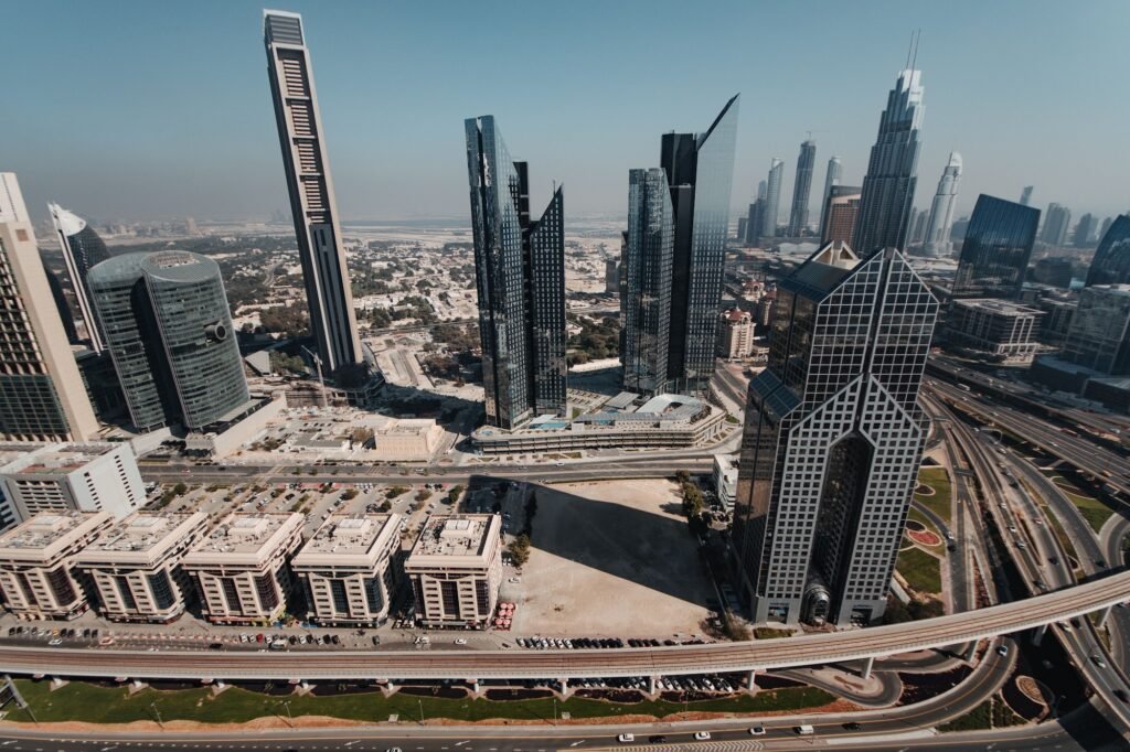 Aerial view of Dubai towers under construction