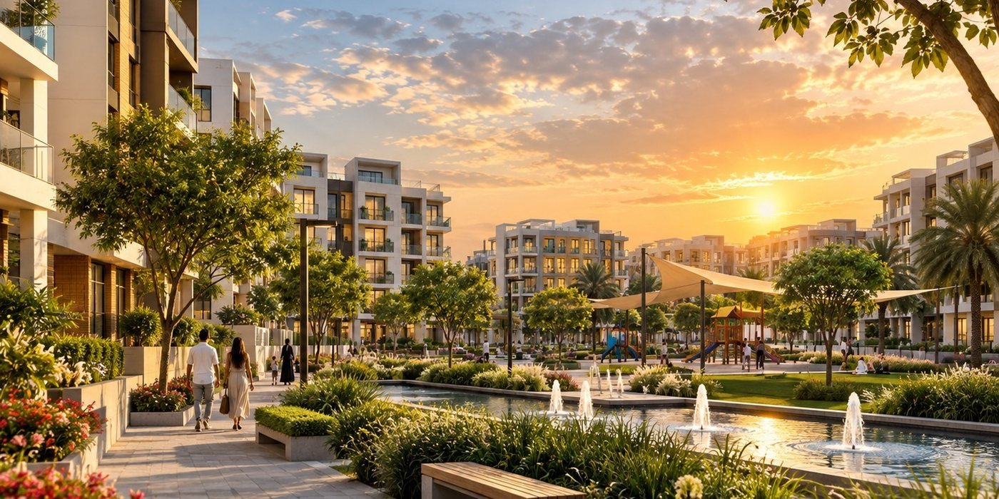 Artist's impression of a landscaped plaza in the Liwan community at sunset