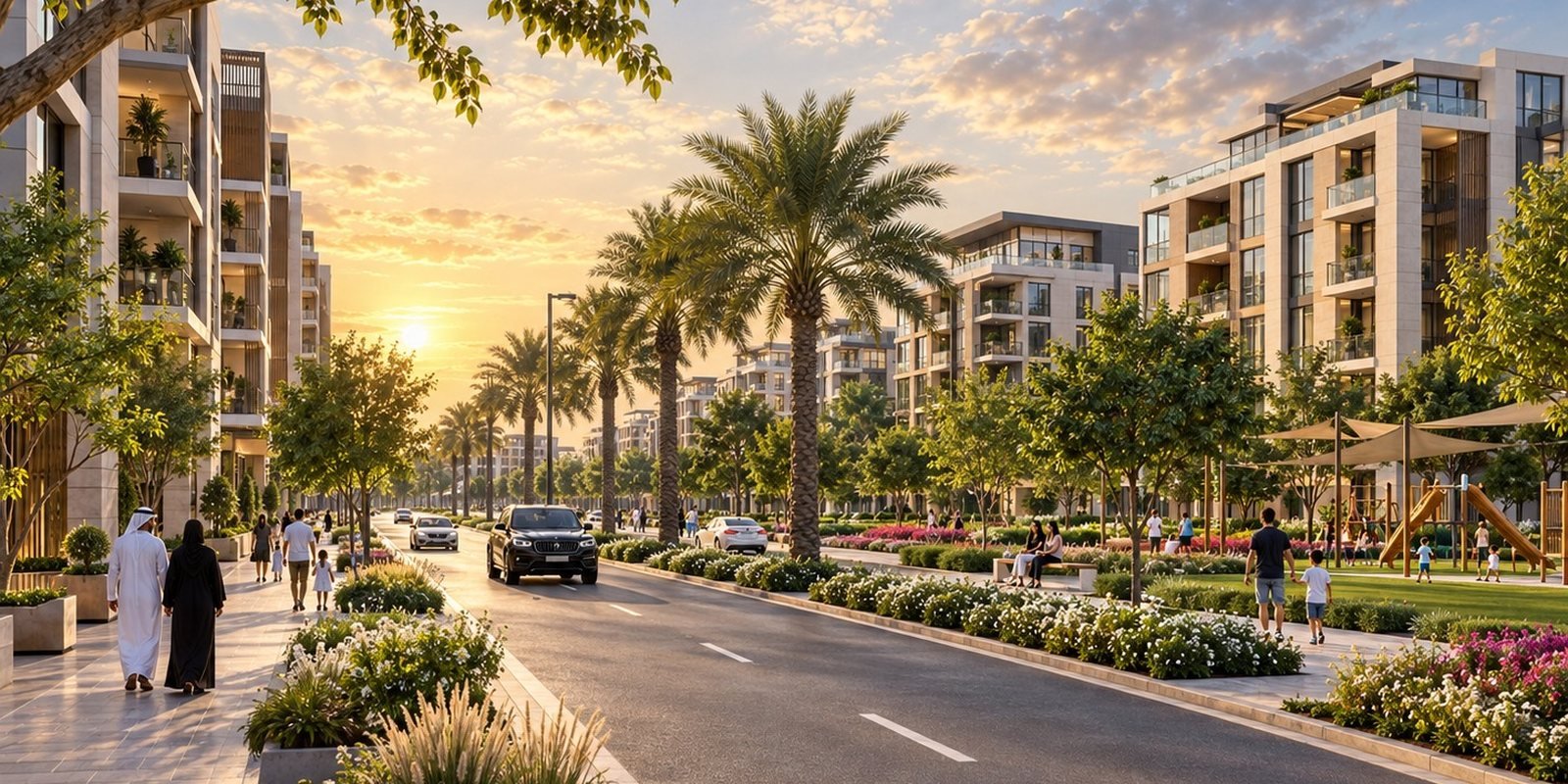 Artist's impression of a tree-lined boulevard in the Liwan community at sunset
