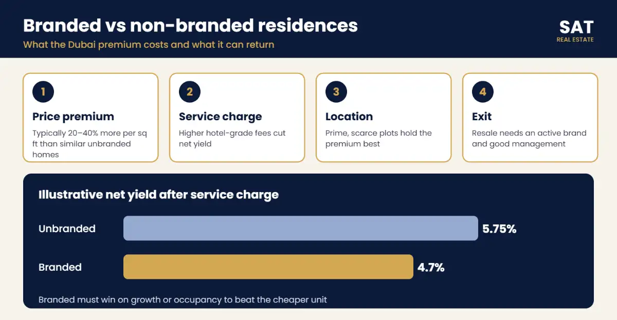 Infographic comparing branded and non-branded residences in Dubai on price premium, service charges and resale