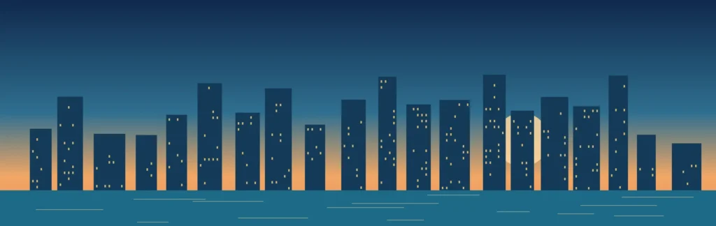 Dubai beachfront towers at sunset over the Gulf