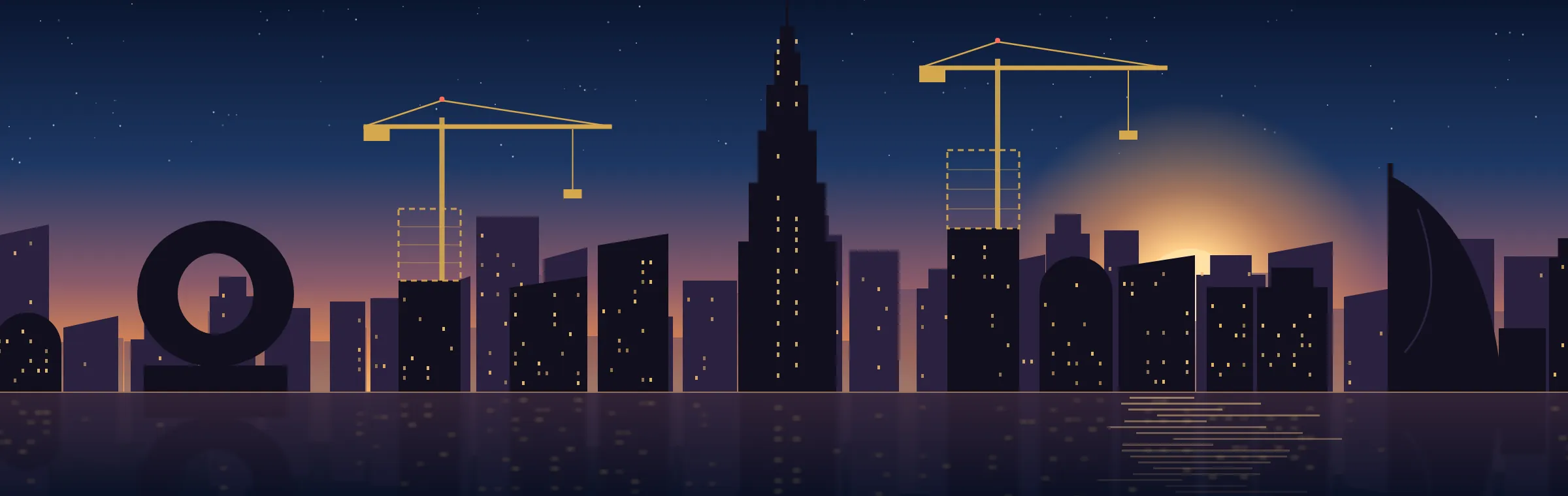 Dubai skyline at sunset with cranes over off-plan towers under construction
