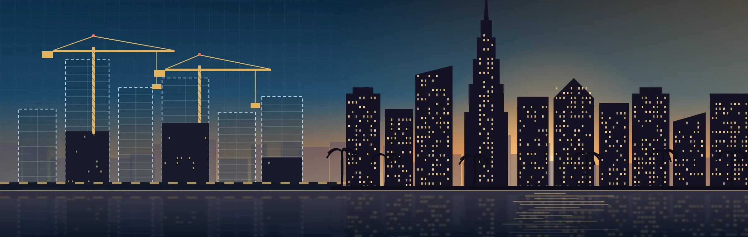 Split Dubai skyline: off-plan towers as blueprint wireframes with cranes on the left, finished lit ready towers on the right
